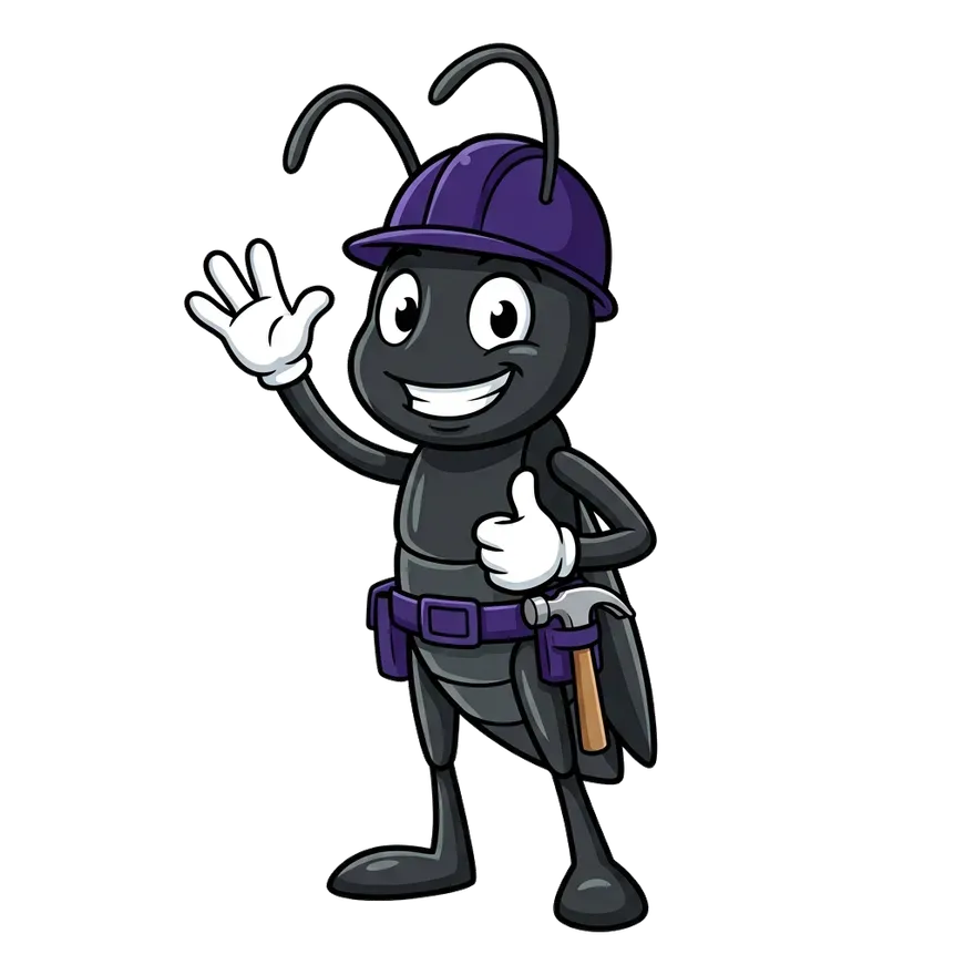 Cricket Exteriors mascot, a cricket in a purple hard hat waving with a tool belt