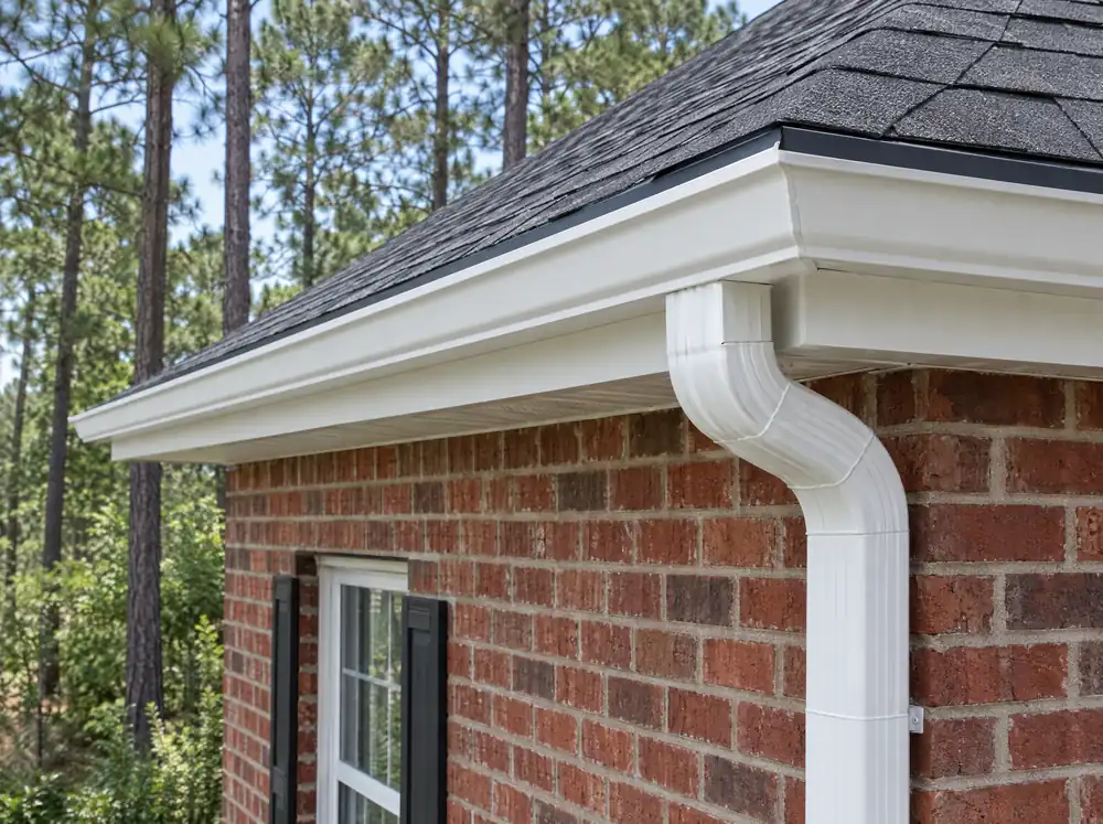 White seamless gutter and downspout under a charcoal shingle roof