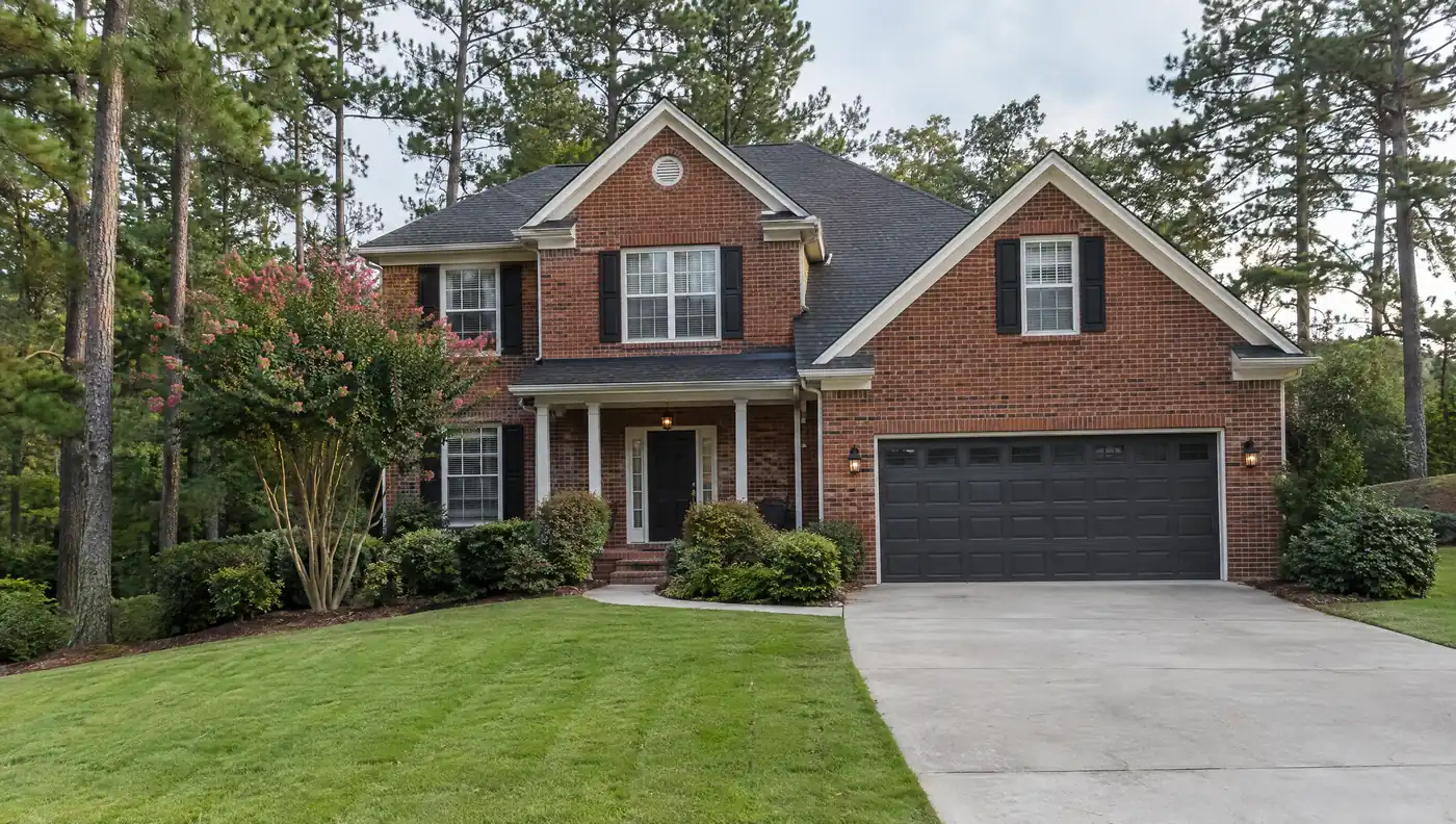 Two-story red brick house with a charcoal shingle roof, black shutters, and pine trees