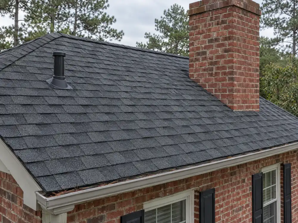 Charcoal architectural shingles, a pipe boot, and a brick chimney on a Georgia house