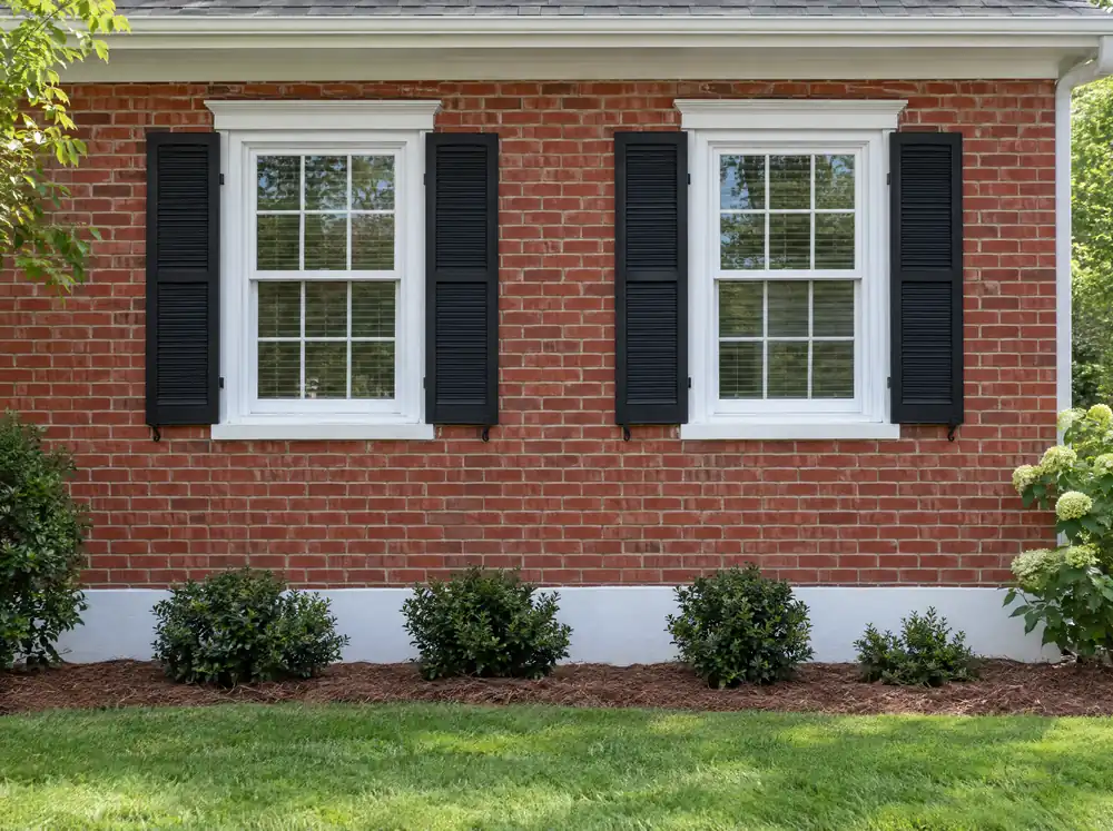 White double-hung windows with black shutters on a red brick wall